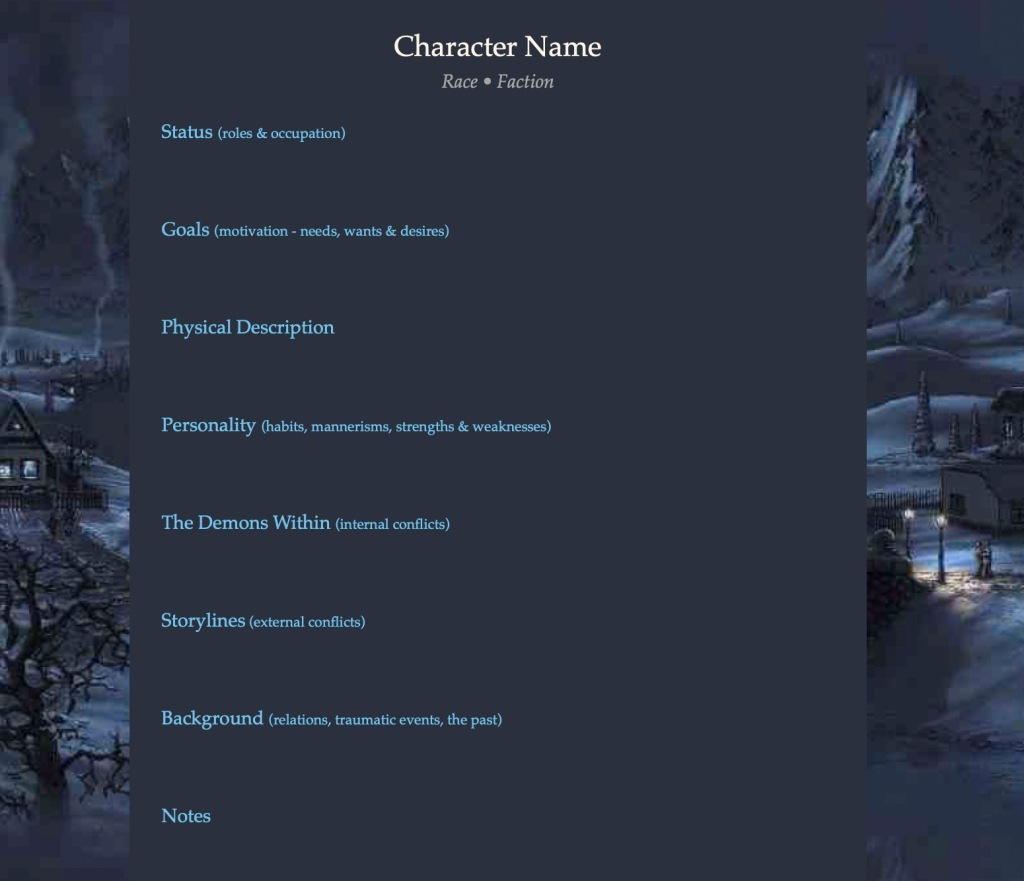 creative writing character sheets